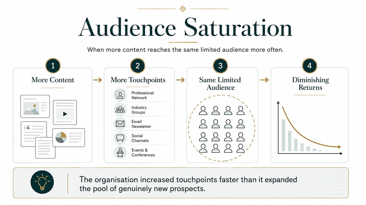 Diagram showing more content leading to more touchpoints across the same limited audience and producing diminishing returns.