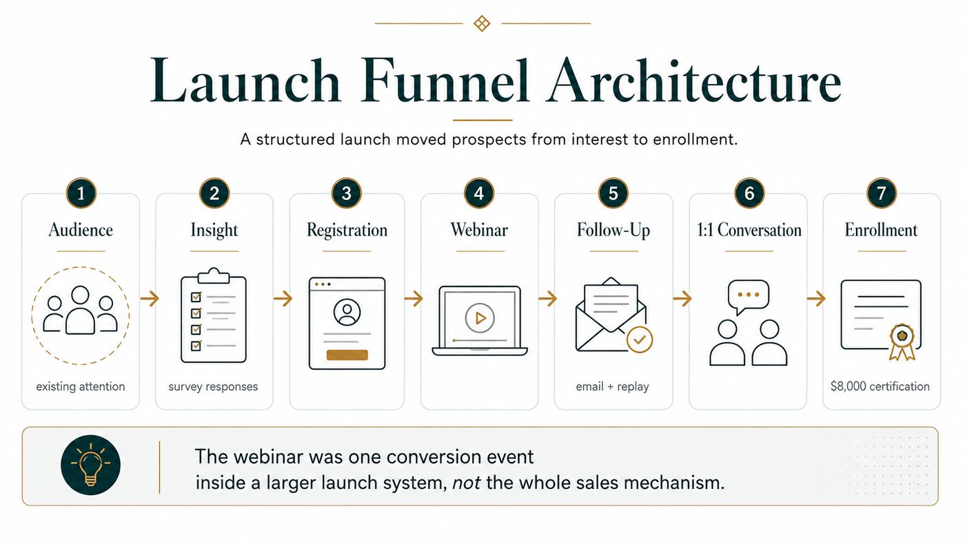 Seven-stage launch funnel from audience and insight through registration, webinar, follow-up and one-to-one conversation to enrollment.