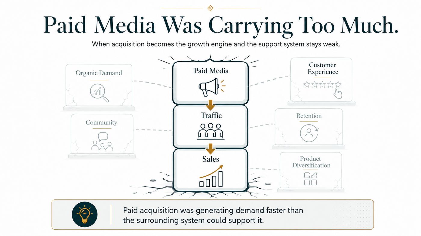 Diagram showing paid media positioned as the central growth engine while organic demand, community, customer experience, retention and product diversification remain underdeveloped.