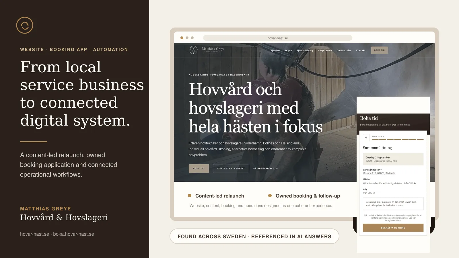 Case study visual showing the relaunched Matthias Greye website and a step of the Swedish booking application.
