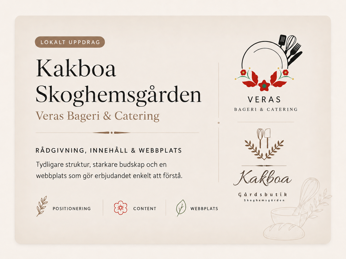 Lokalt uppdrag f&ouml;r Kakboa Skoghemsg&aring;rden och Veras Bageri & Catering: positionering, content och webbplats